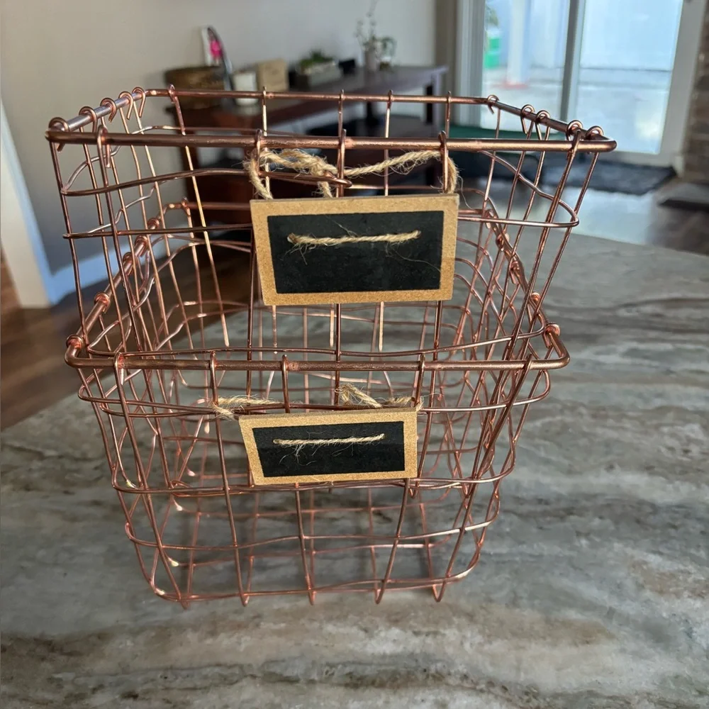 Rose Gold Wire Baskets (2) with chalkboard label